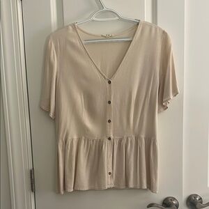 Chic Beige Button-Front Peplum Blouse *MISSING BUTTON*